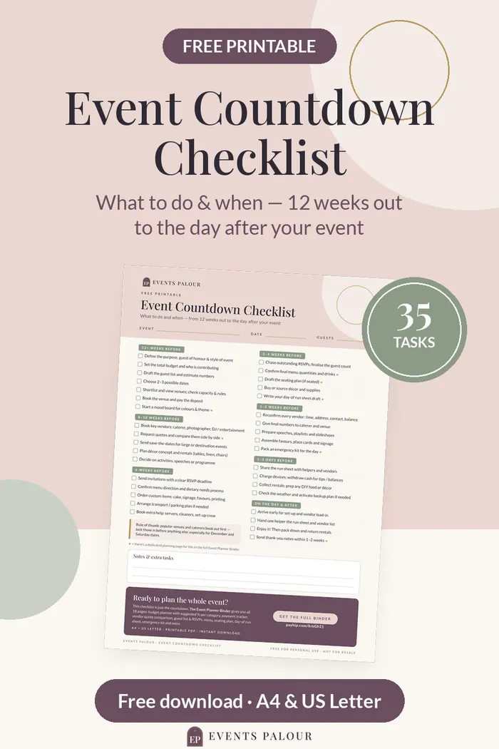 The free Event Countdown Checklist printable