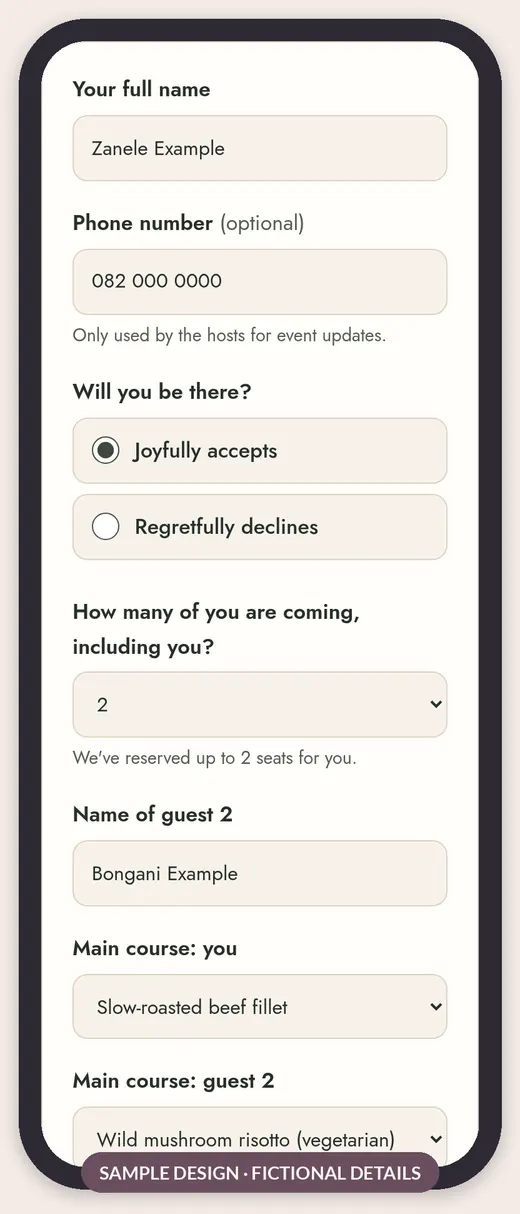 Sample RSVP form on a phone with meal choices and a dietary consent box, filled in with fictional details